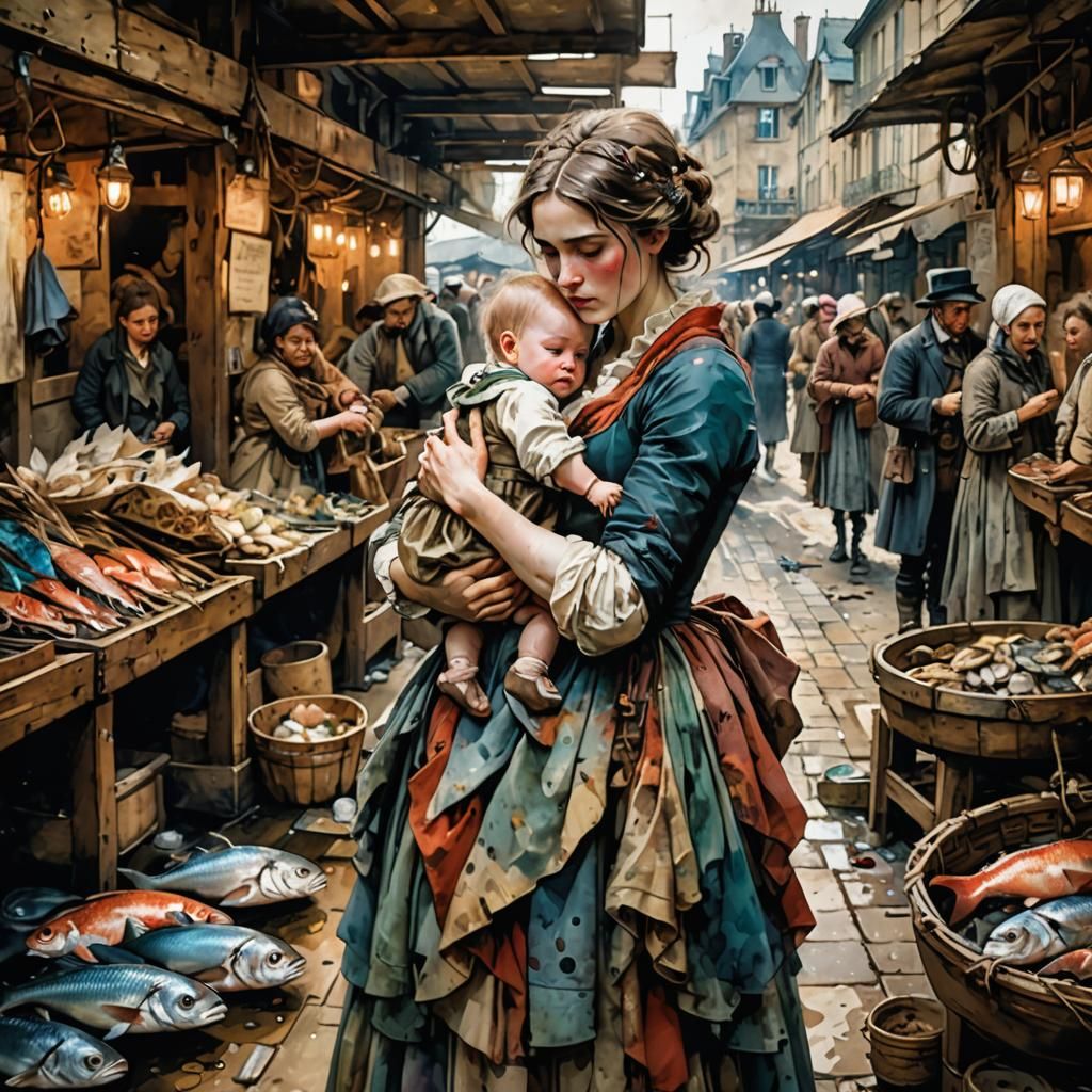 18th Century Paris: Mother and Child, Watercolor Painting