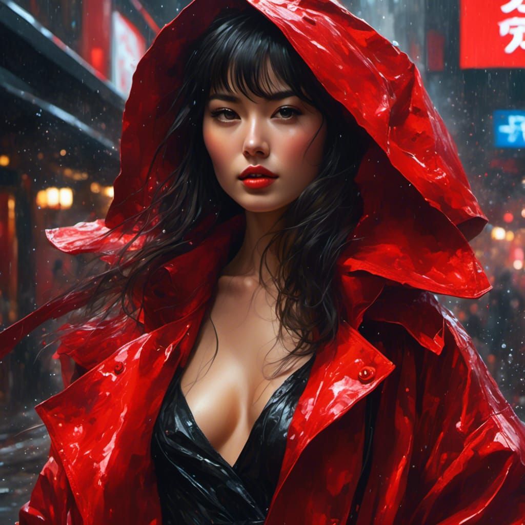 Beautiful Japanese Woman in Oil Portrait, Splash Art