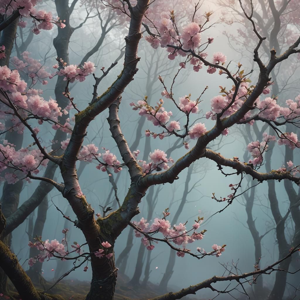 Cherry Tree in Misty Forest: Digital Matte Painting