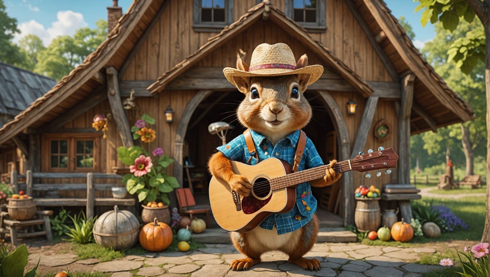 Squirrel Portrait with Guitar in Walnut Village