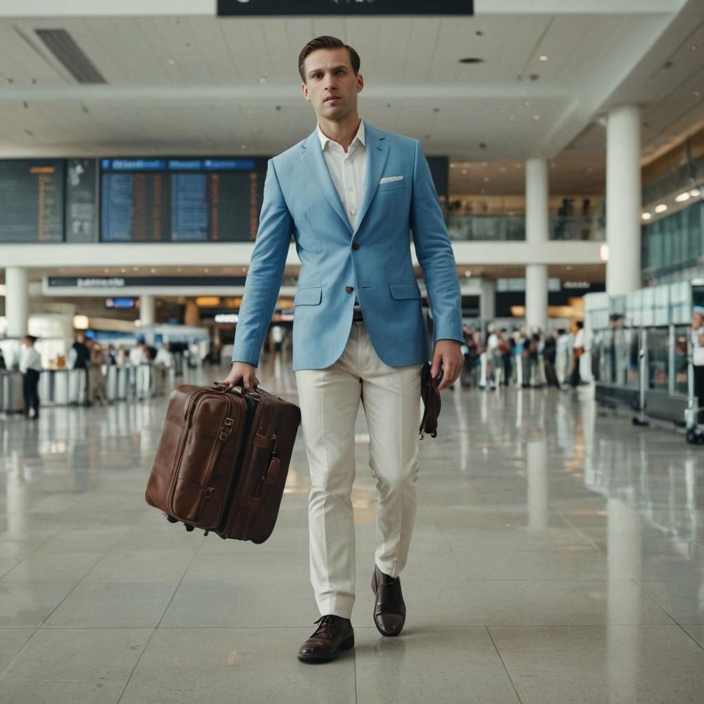 Slavic Man with Trolley in Airport, Photorealistic Film Stil...