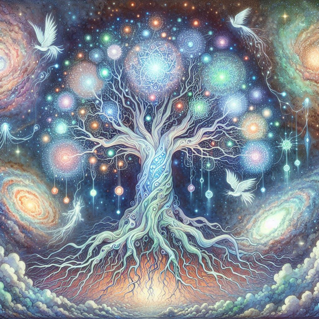 Bioluminescent Yggdrasil in Art Nouveau Watercolor Style