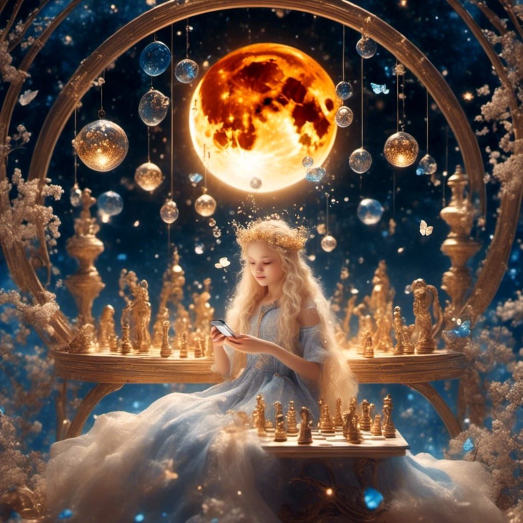 Elven Woman Selfie with Chess Set and Moon