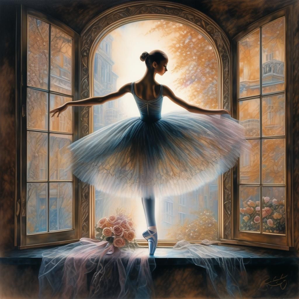 Ballerina Silhouette in Tulle Veil, Cold Colors