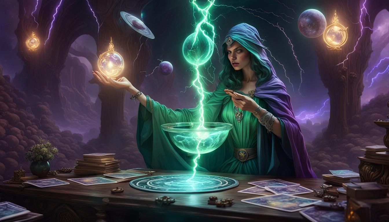 Sorceress Casting Magic with Tarot Cards