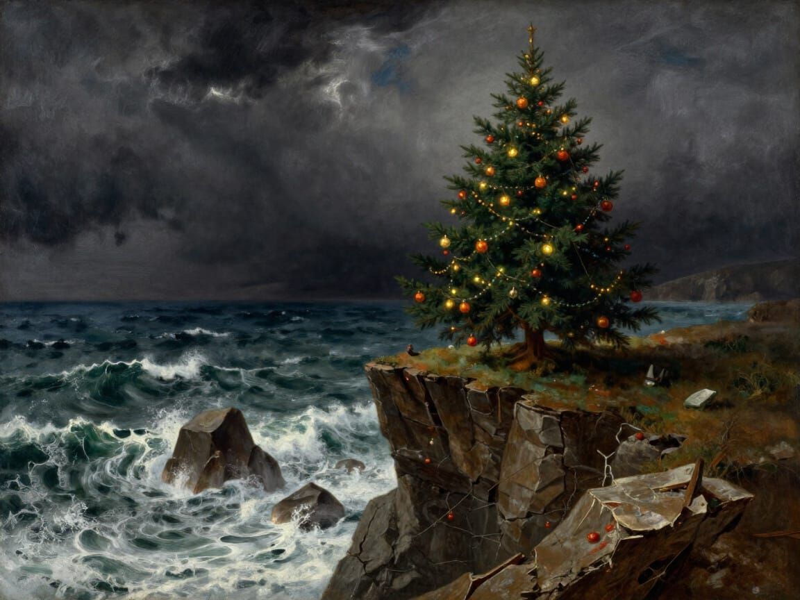 Christmas Tree on Crumbling Cliff Overlooking Stormy Sea