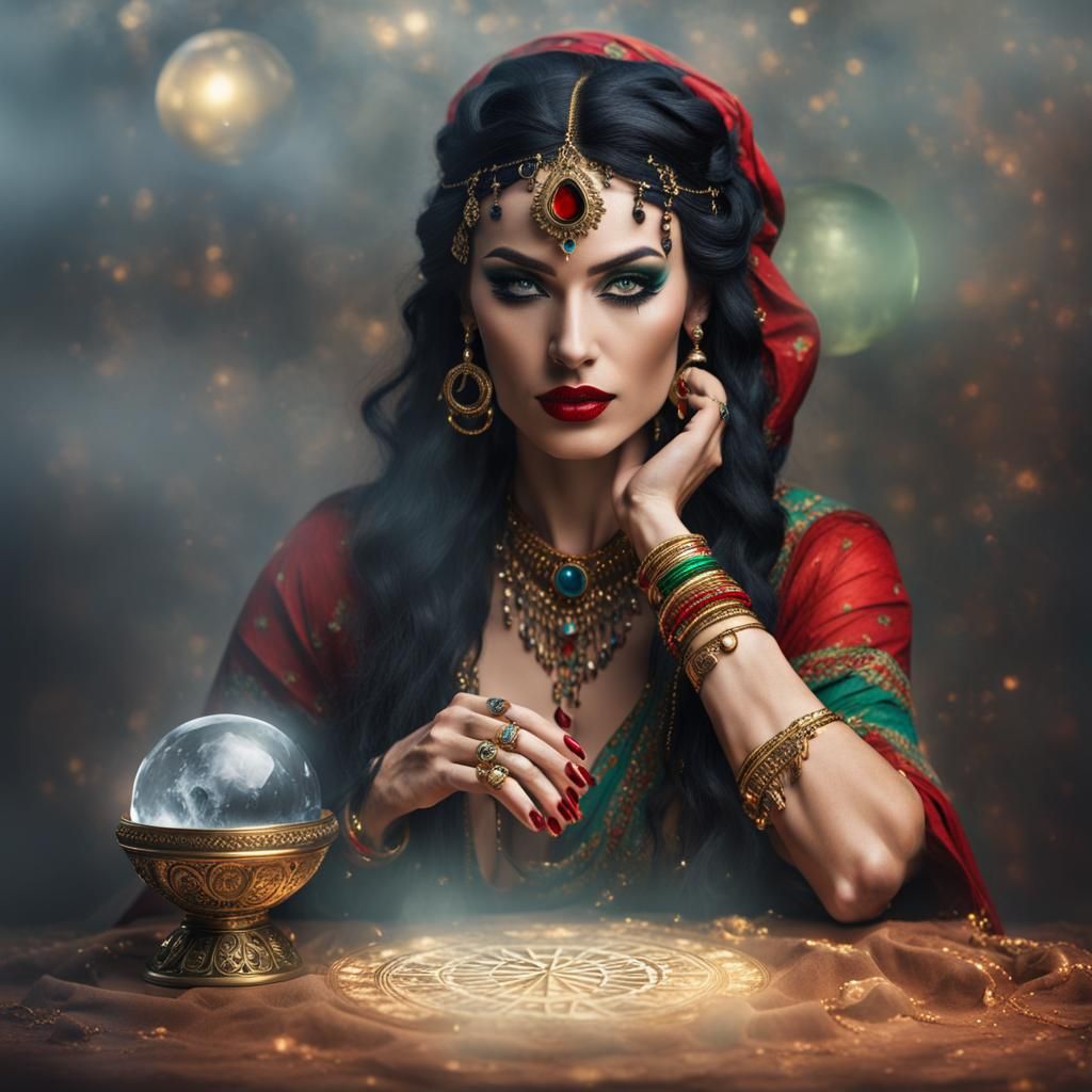 Gypsy, fortune teller sat at a table.