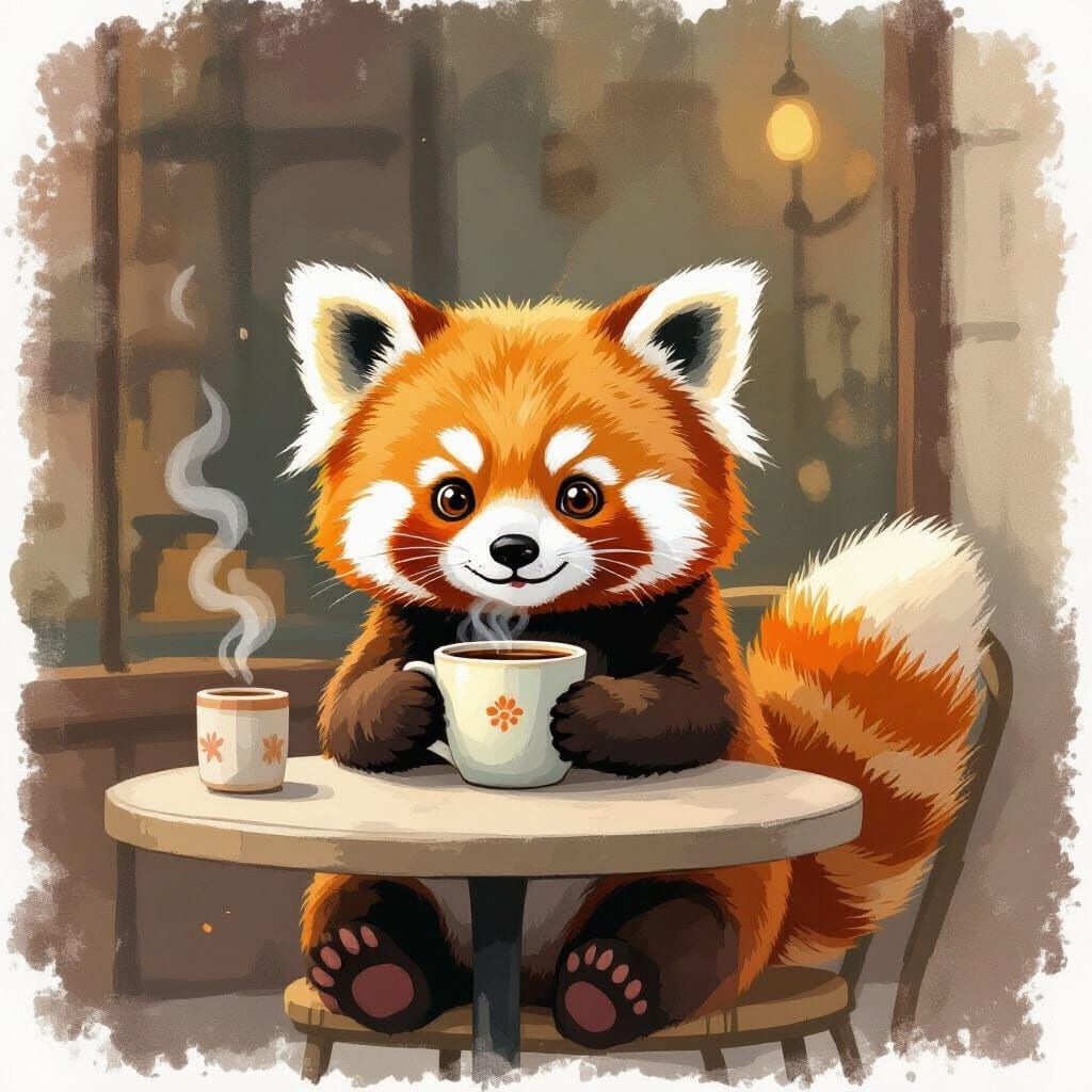 Cute Red Panda Enjoys Coffee in Whimsical Style