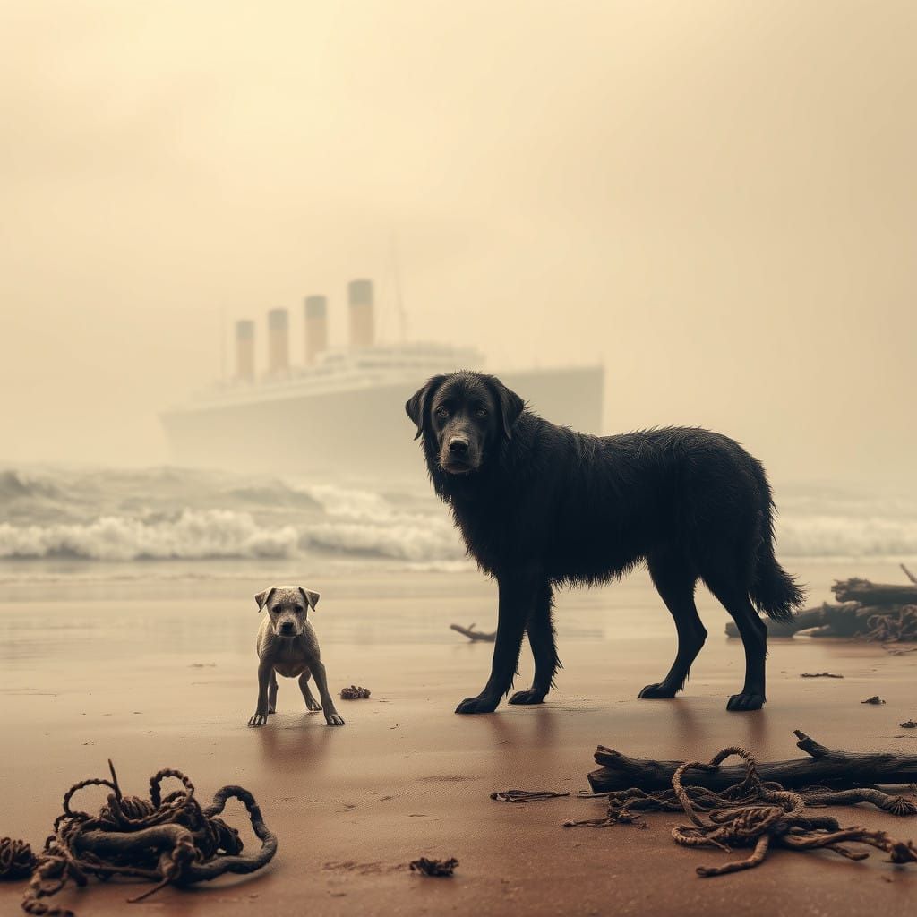 Surreal Sepia Landscape with Lost Dogs and Sinking Titanic