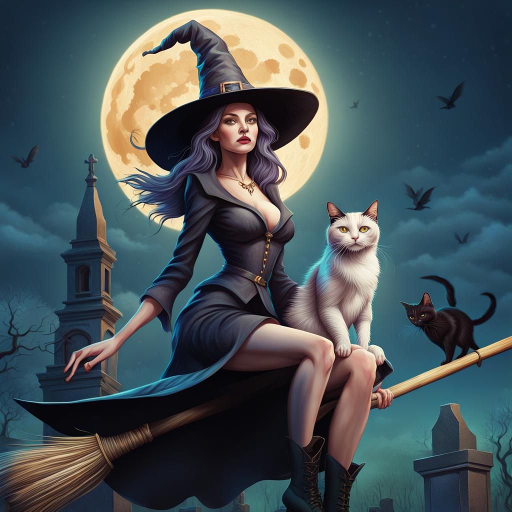Witch Rides Broomstick Under Full Moon