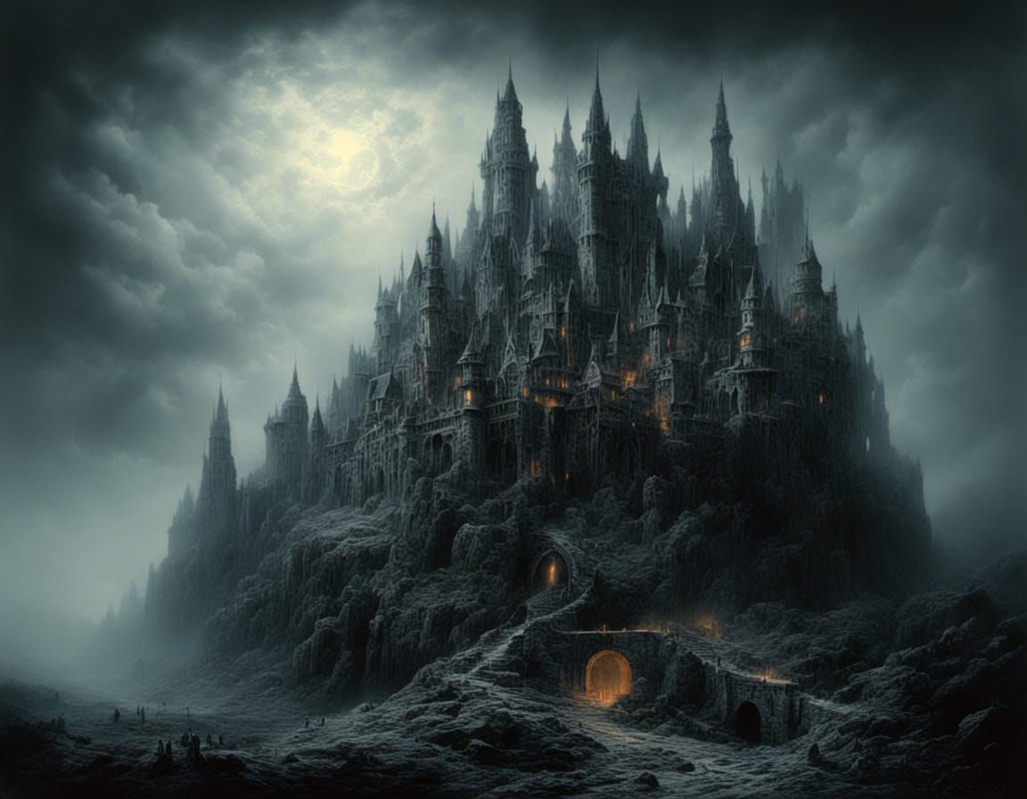 Eerie Gothic Castle in Fog: Pencil Drawing