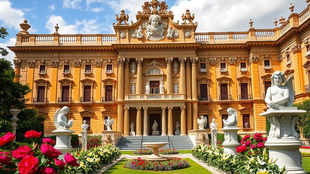 Baroque Palace with Golden Sandstone and Marble Cherubs