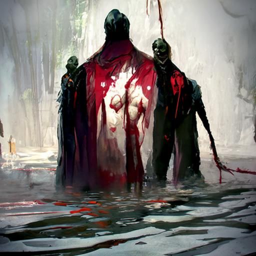 Sinister Pool of Bloody Bodies in Dark Fantasy Style