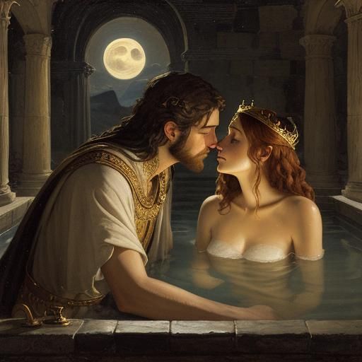 King David and Bathsheba Kiss in Moonlight