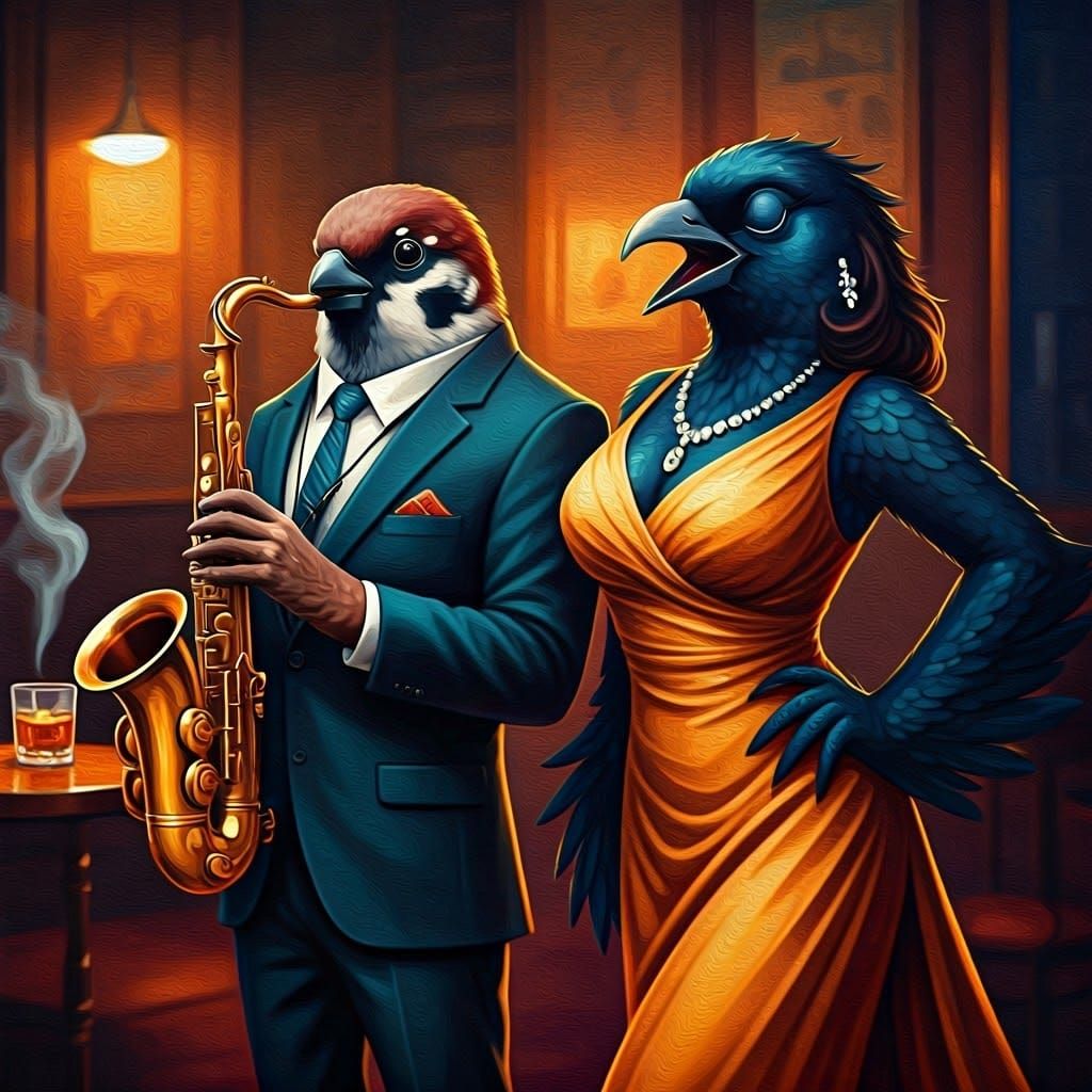 An anthropomorphic sparrow playing a saxophone next to an anthropomorphic female blackbird singing in a 1950s jazz club