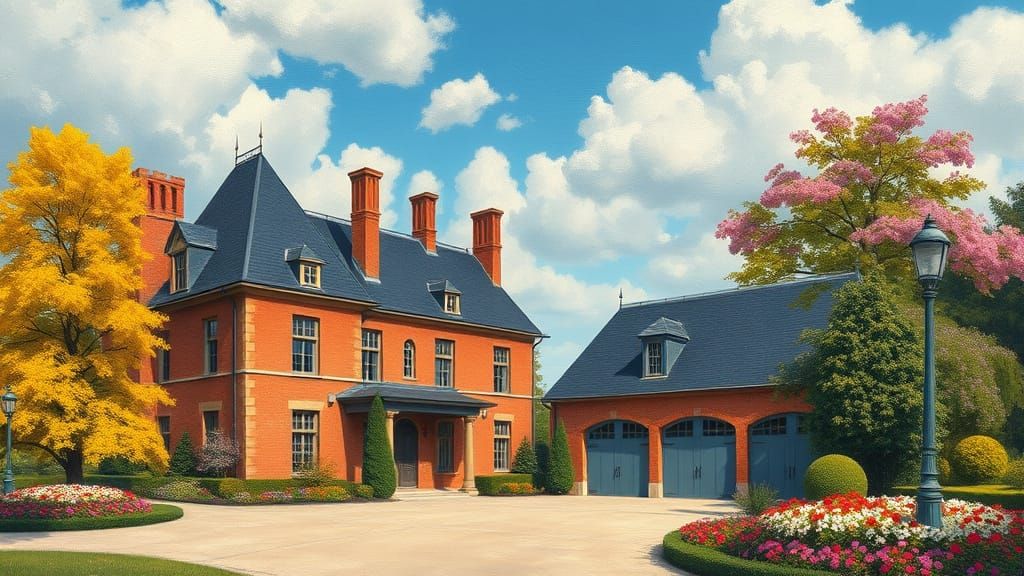 Grand Chateau Surrounded by Vibrant Trees and Flowers