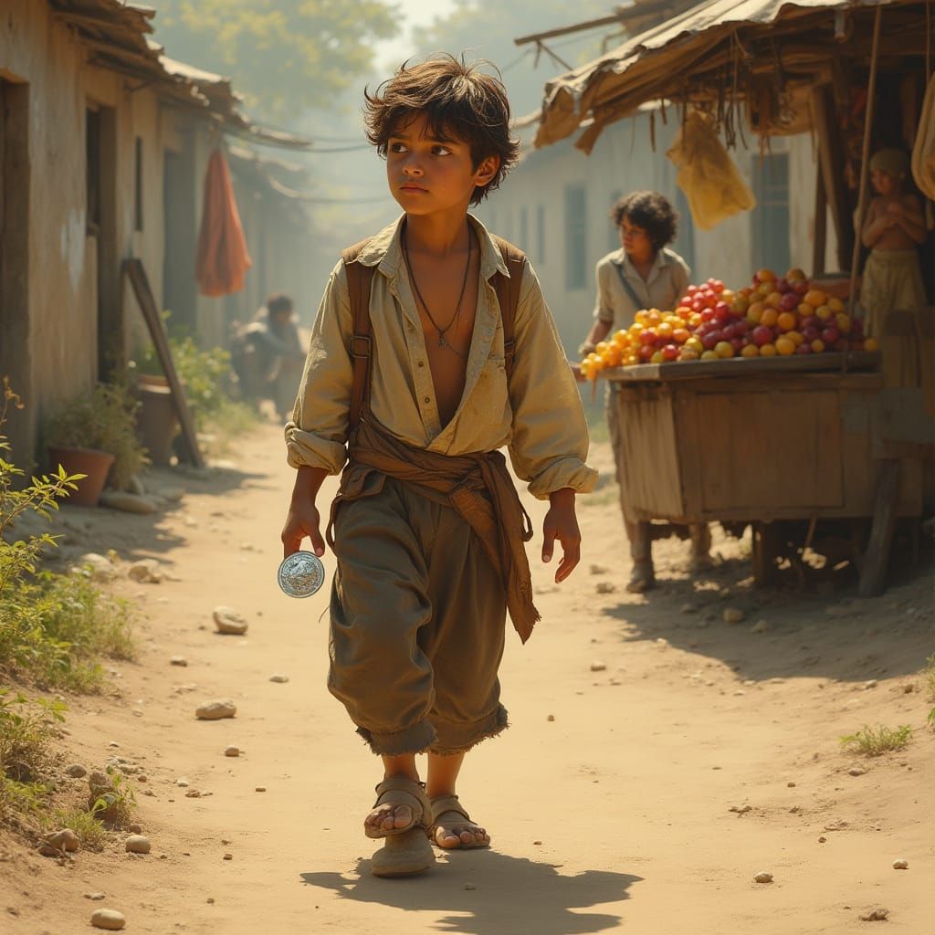 Determined Boy Holds Hope in Hand, Surrounded by Vibrant Fru...