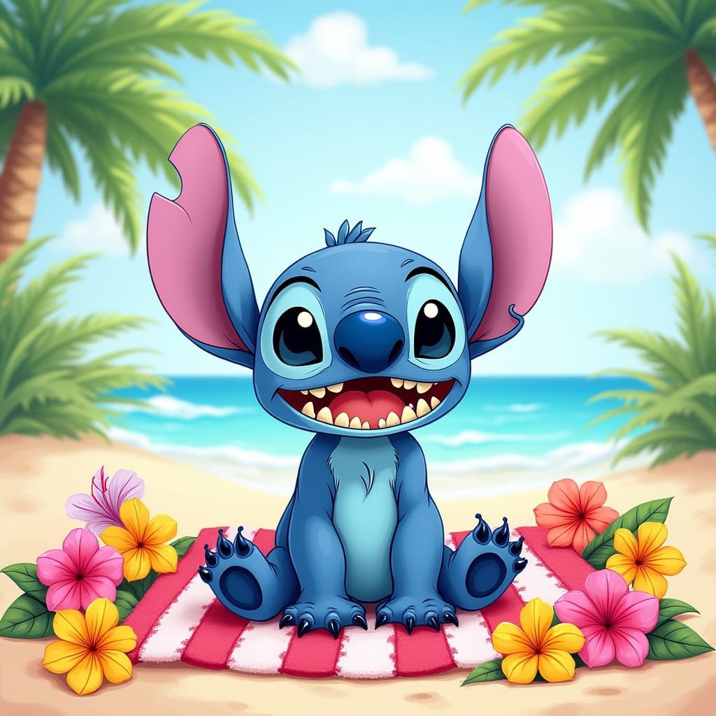 Whimsical Stitch on a Tropical Beach