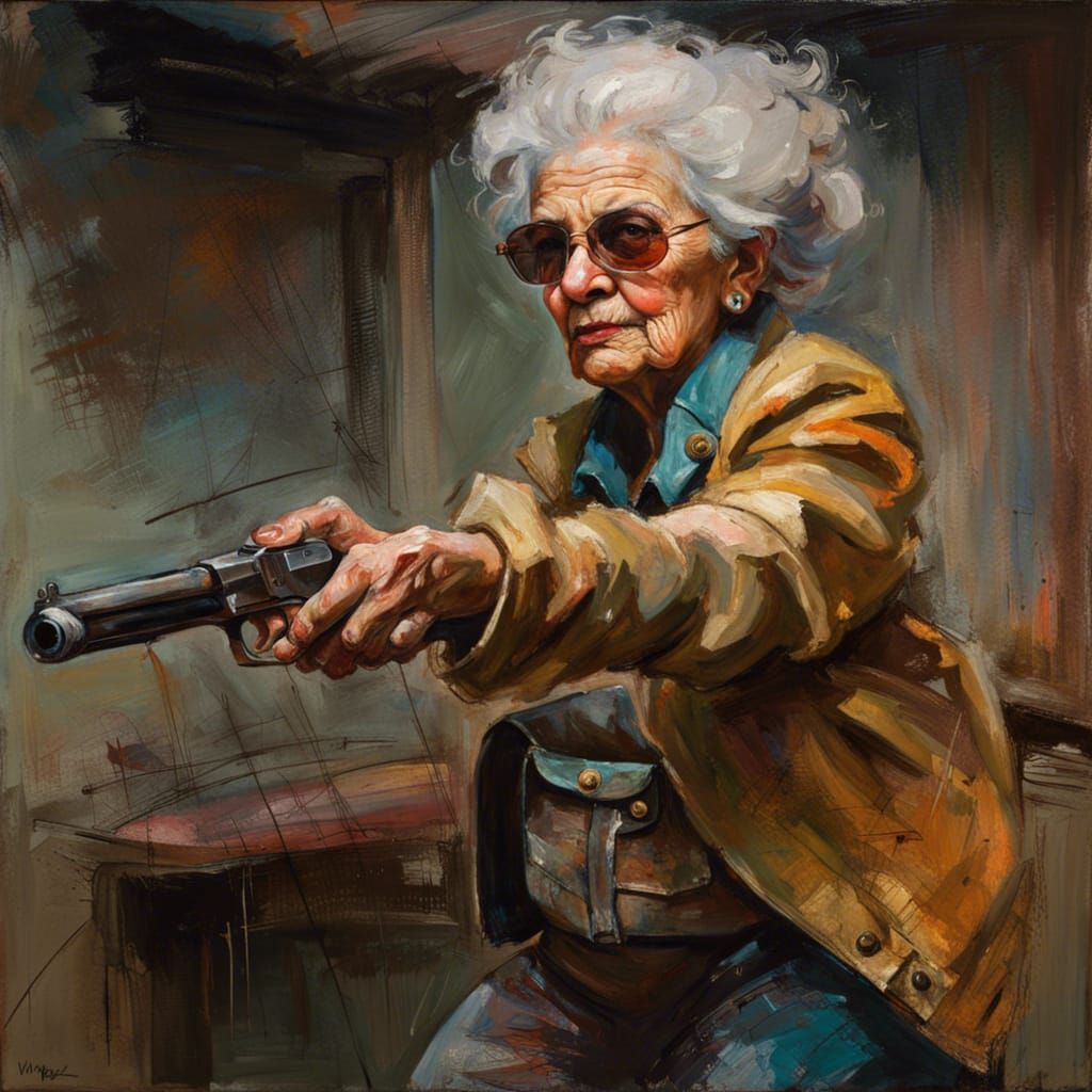 Dynamic Action: Octogenarian Woman with Shotgun