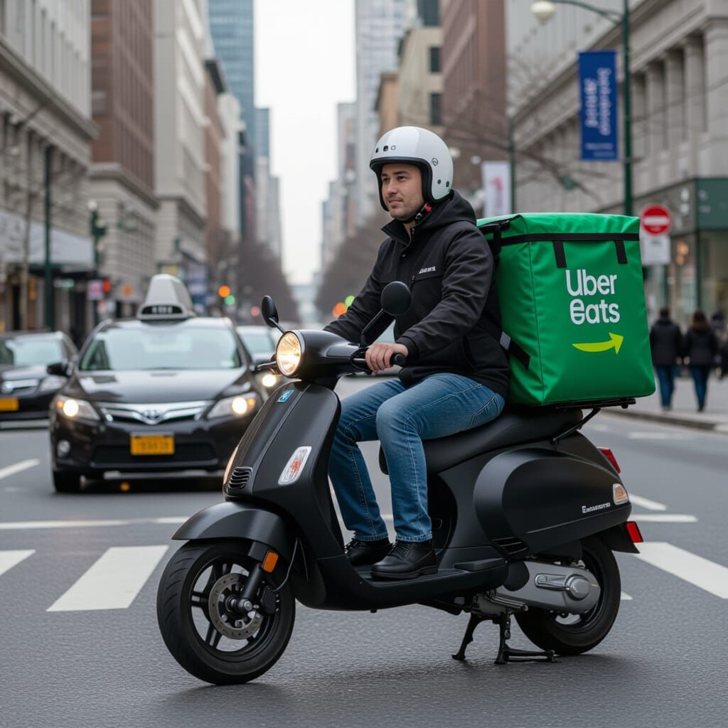 Uber Eats Driver on Scooter in City Traffic