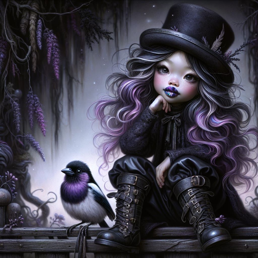 Gothic Woman with Magpie in Romantic Setting