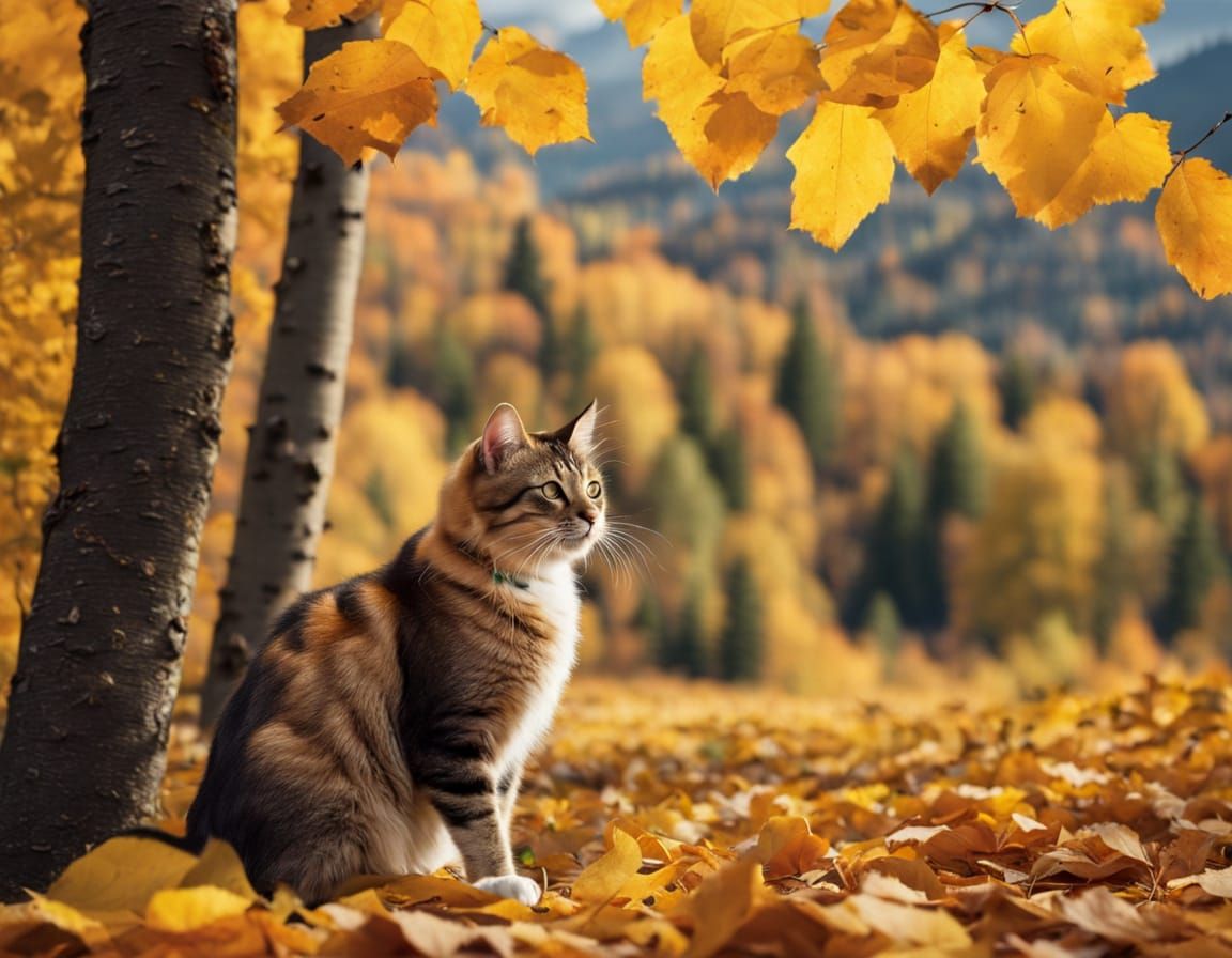 Cat Plays in Autumn Forest with Distant Mountains