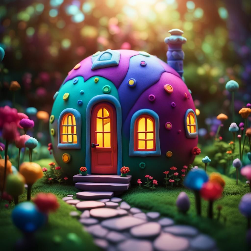 Whimsical Tiny House in Tim Burton Claymation Style