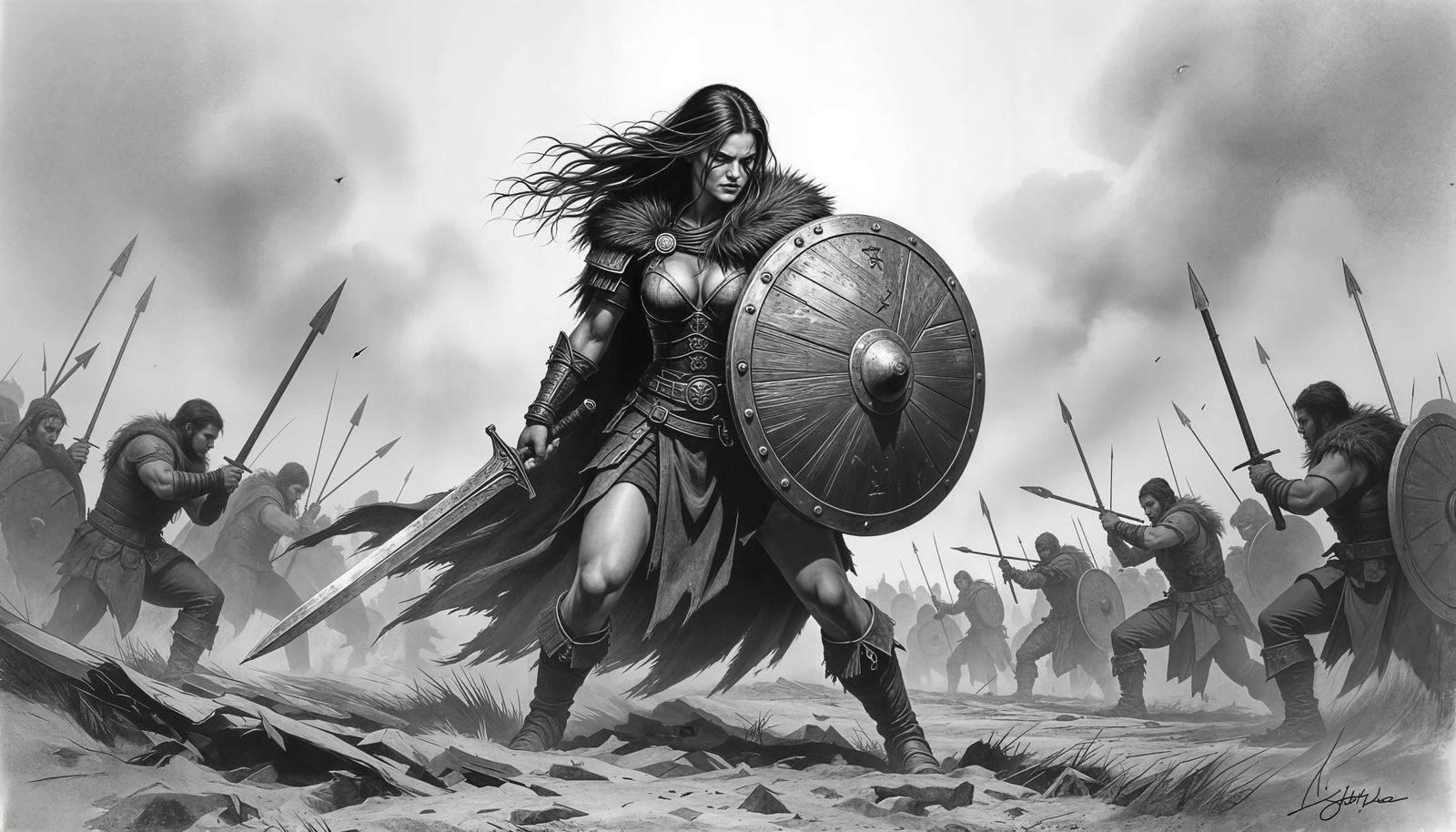 Fierce Shield Maiden in Combat Chaos, Charcoal Drawing Style