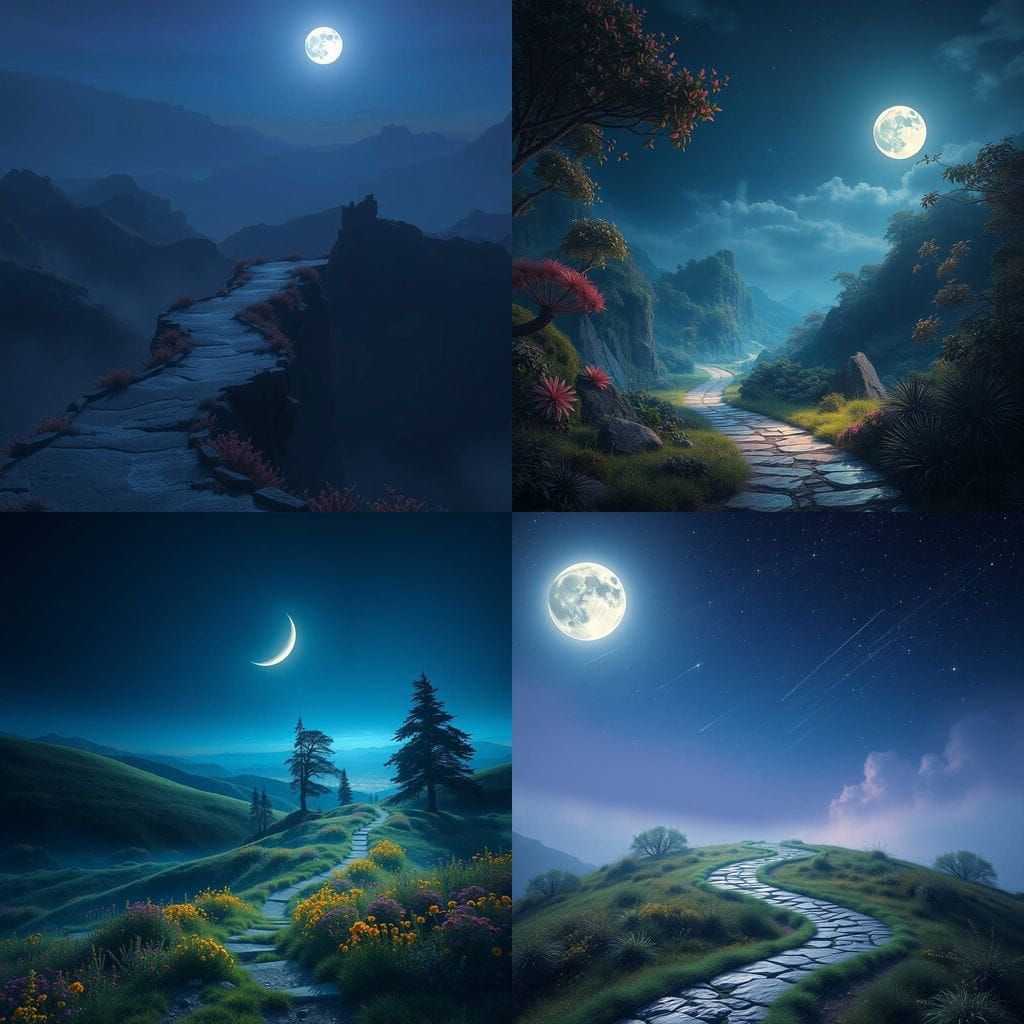 Peaceful Nighttime Landscape with a Serene Moonlit Path