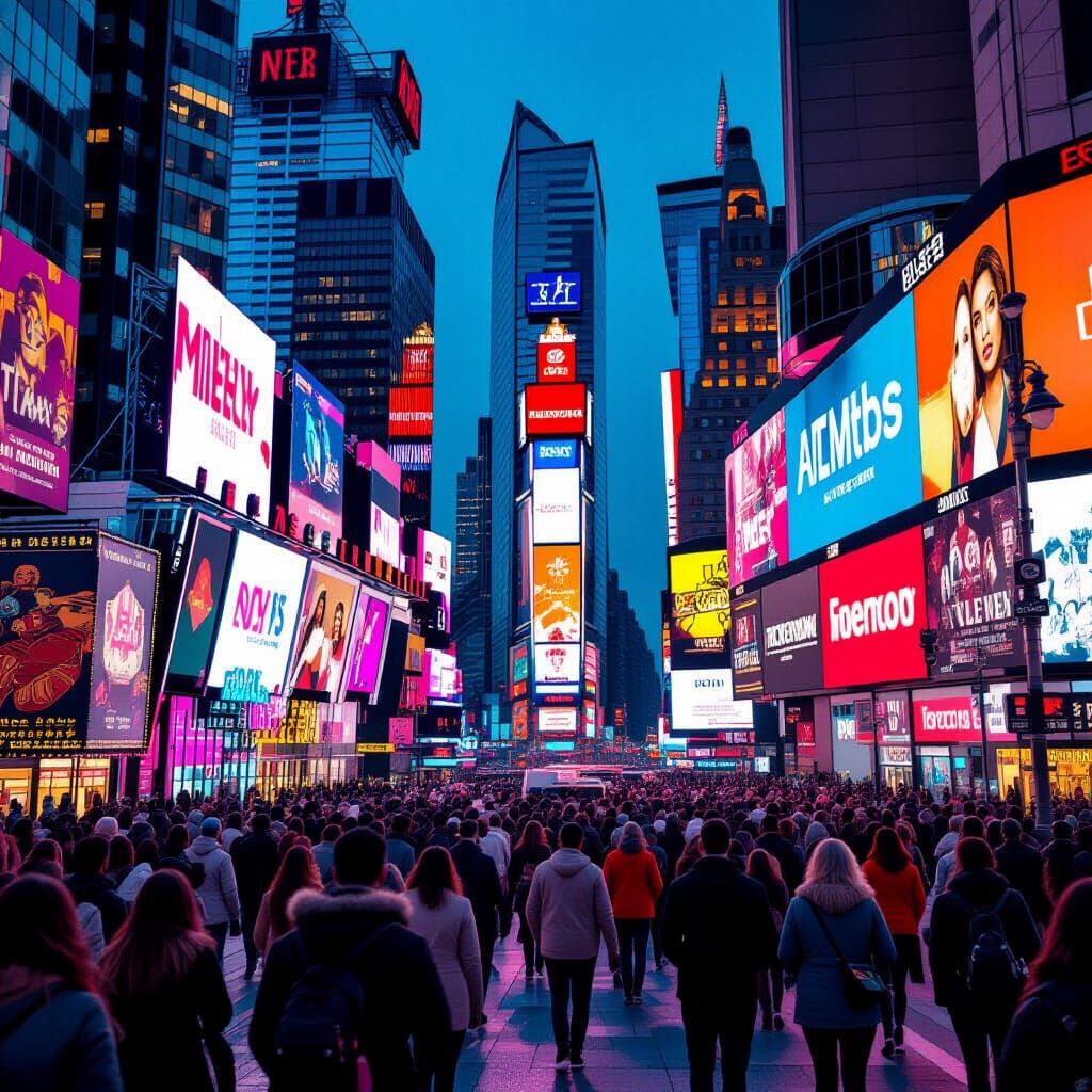 Vibrant Times Square Crowds Amidst Neon Lights
