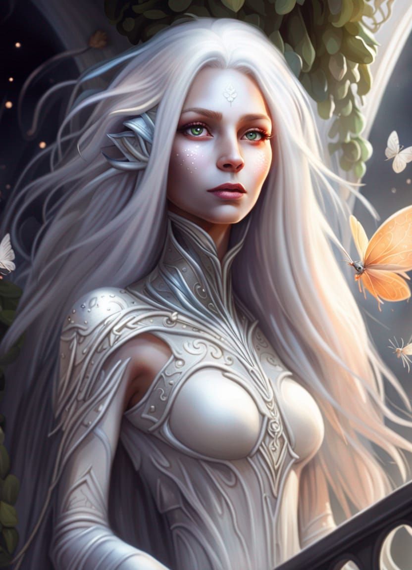 Beautiful Alien with Silver Hair Overlooks Organic City