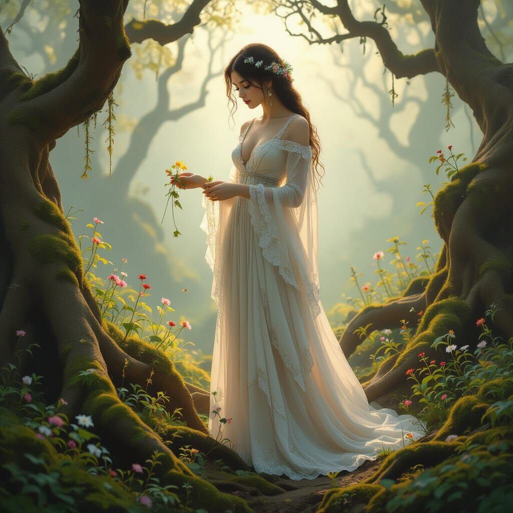 Ethereal Woman in Forest Picking Wildflowers
