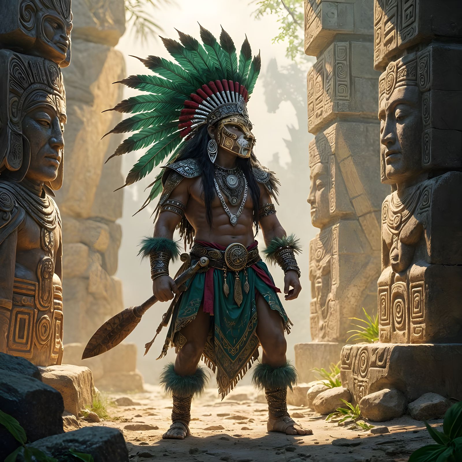 Warrior in Jaguar Headdress with Green Feathers