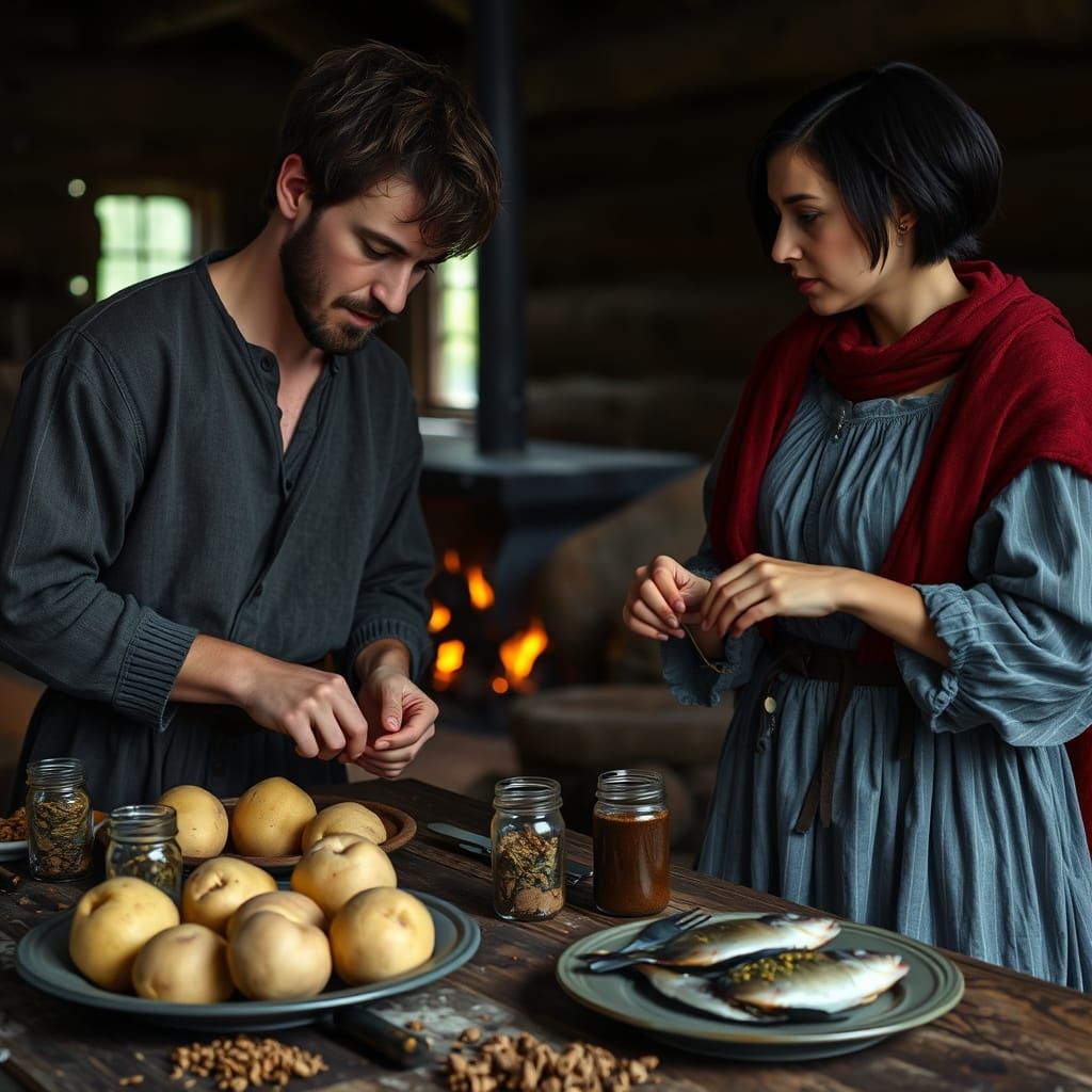 Medieval Peasants Prepare Dinner by Firelight