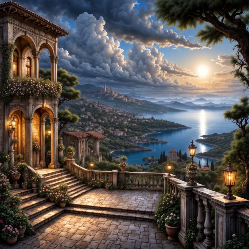 Capri Bay Night View in Thomas Kinkade Style