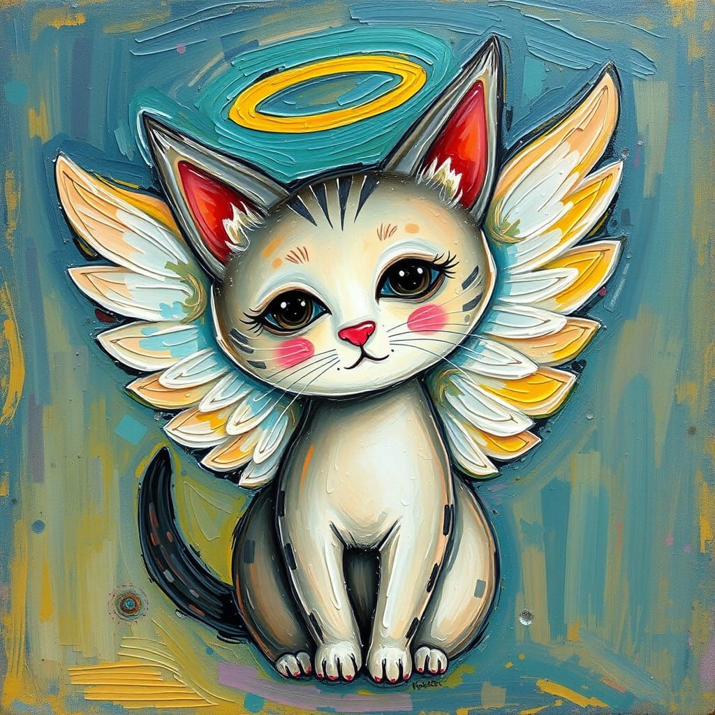 Abstract Angel Cat, Impasto Painting