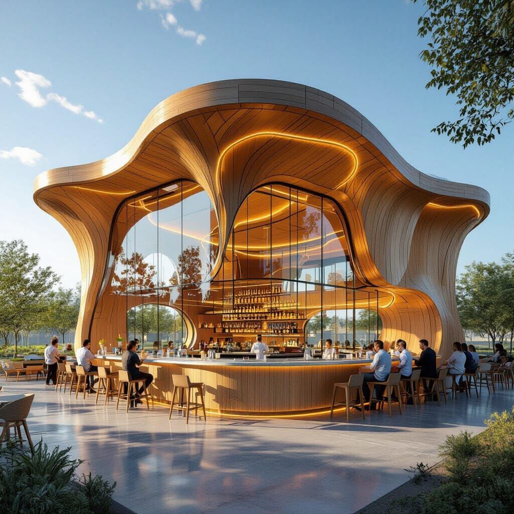 Futuristic Timber Restaurant with Glass Wall in Minimalist S...