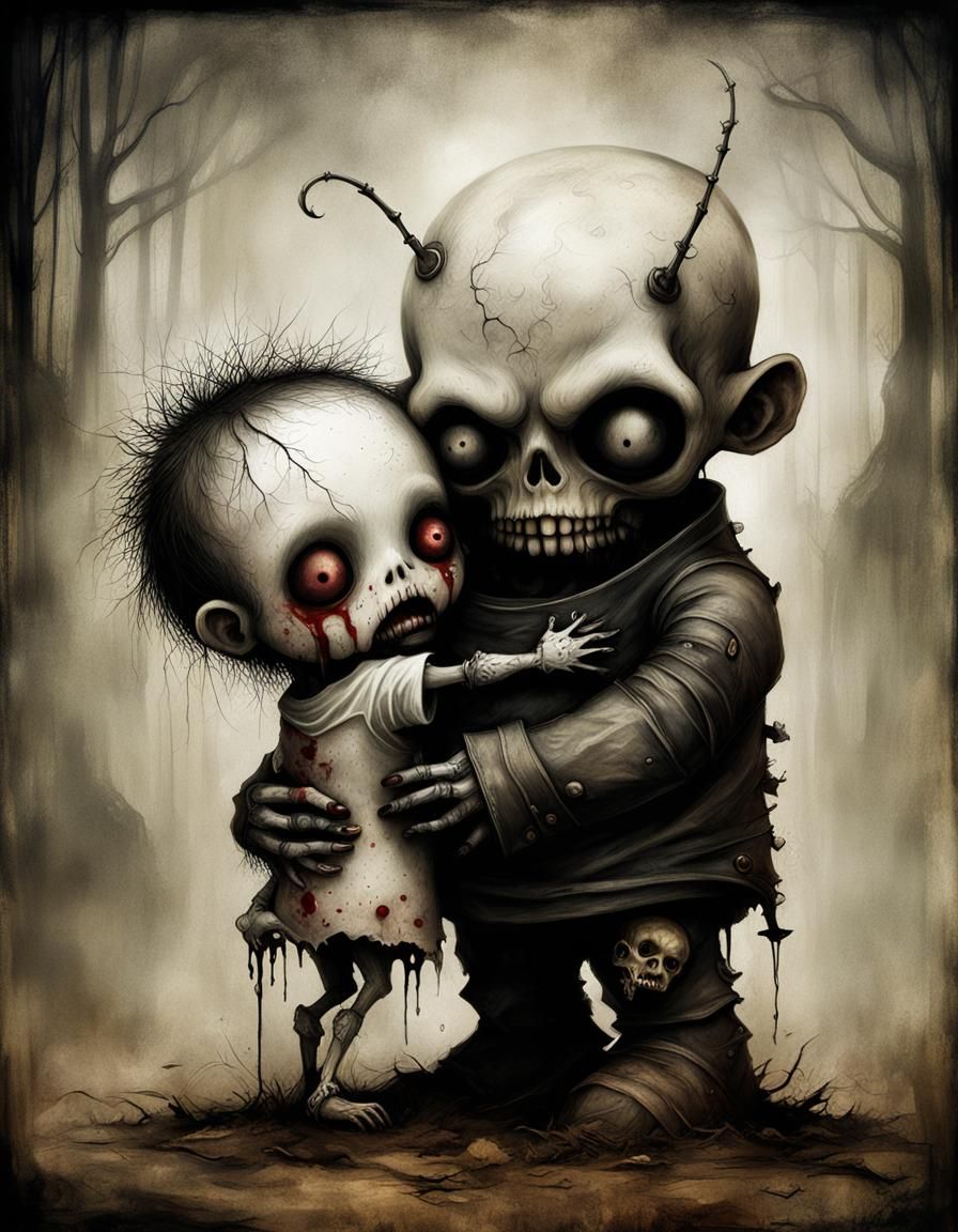 Demonic Cyborg Hugging Zombie in Volcanic Landscape