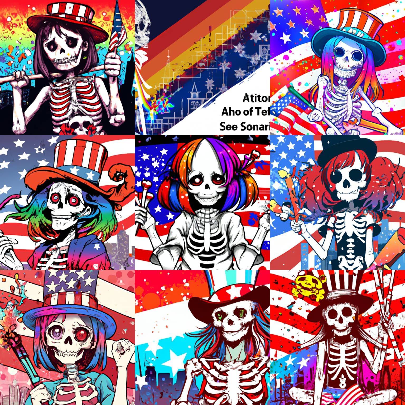 Psychedelic skeleton uncle sam red white and blue Fireworks Melting Anime Girl at american flag in city melted rainbow m...