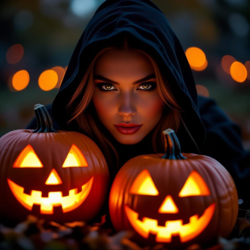 Artistic Halloween Portrait with Jack-o'-lantern Glow
