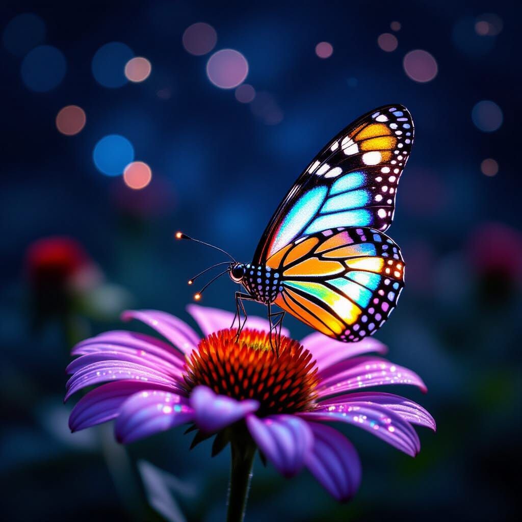 Luminous Wire Butterfly on Crystal Flower