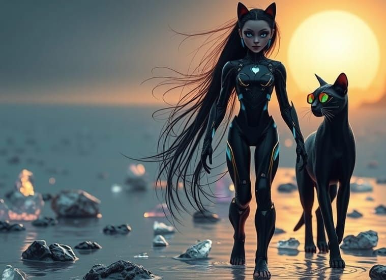 Cyborg Woman and Android Cat on Alien Beach