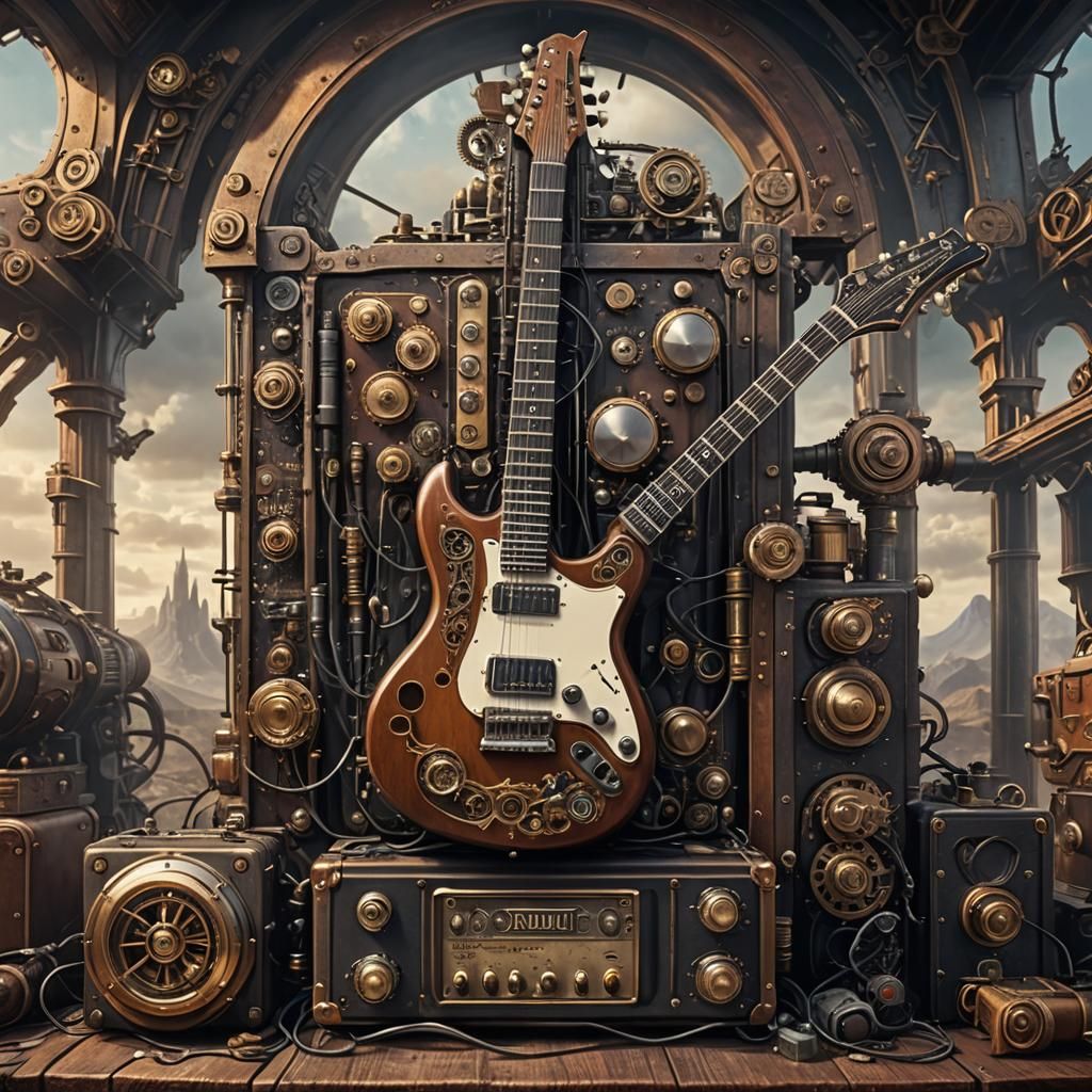 Steampunk Electric Guitar Engine in Vintage Scene