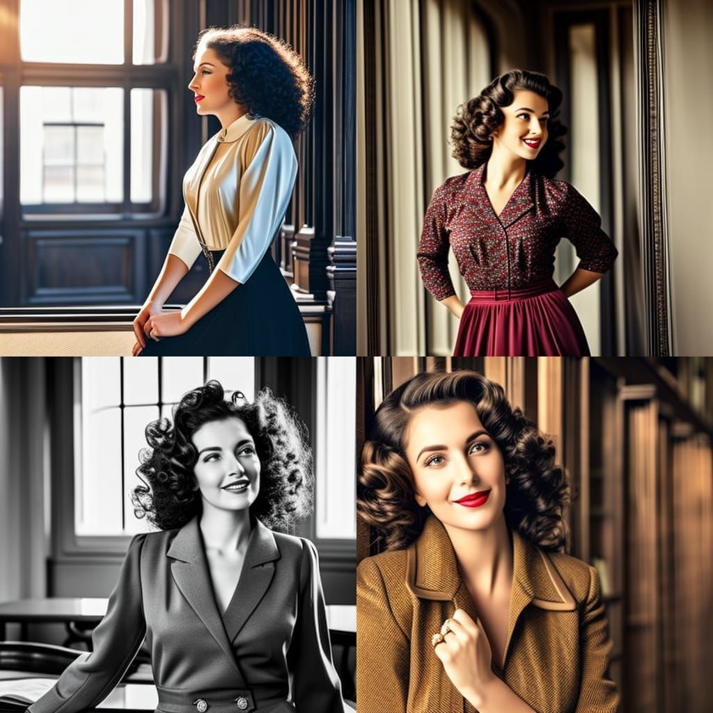 Brunette in 1940s Library: Hyperrealistic Image