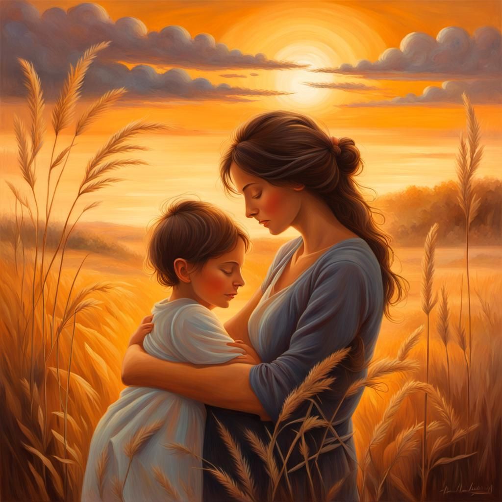 Heartwarming Oil Painting of Mother and Son