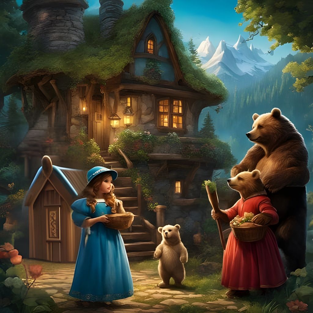 Fantasy Bears and Girl in Medieval Woods