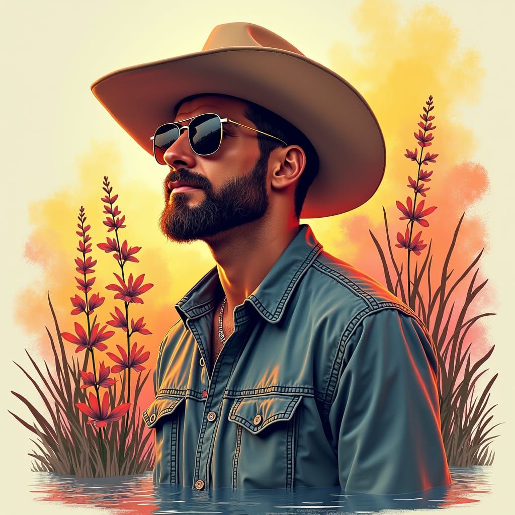 Line Art of Cowboy in Misty, Reflective Scene