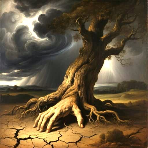 Ancient Tree With Hand-Shaped Roots Under Stormy Sky