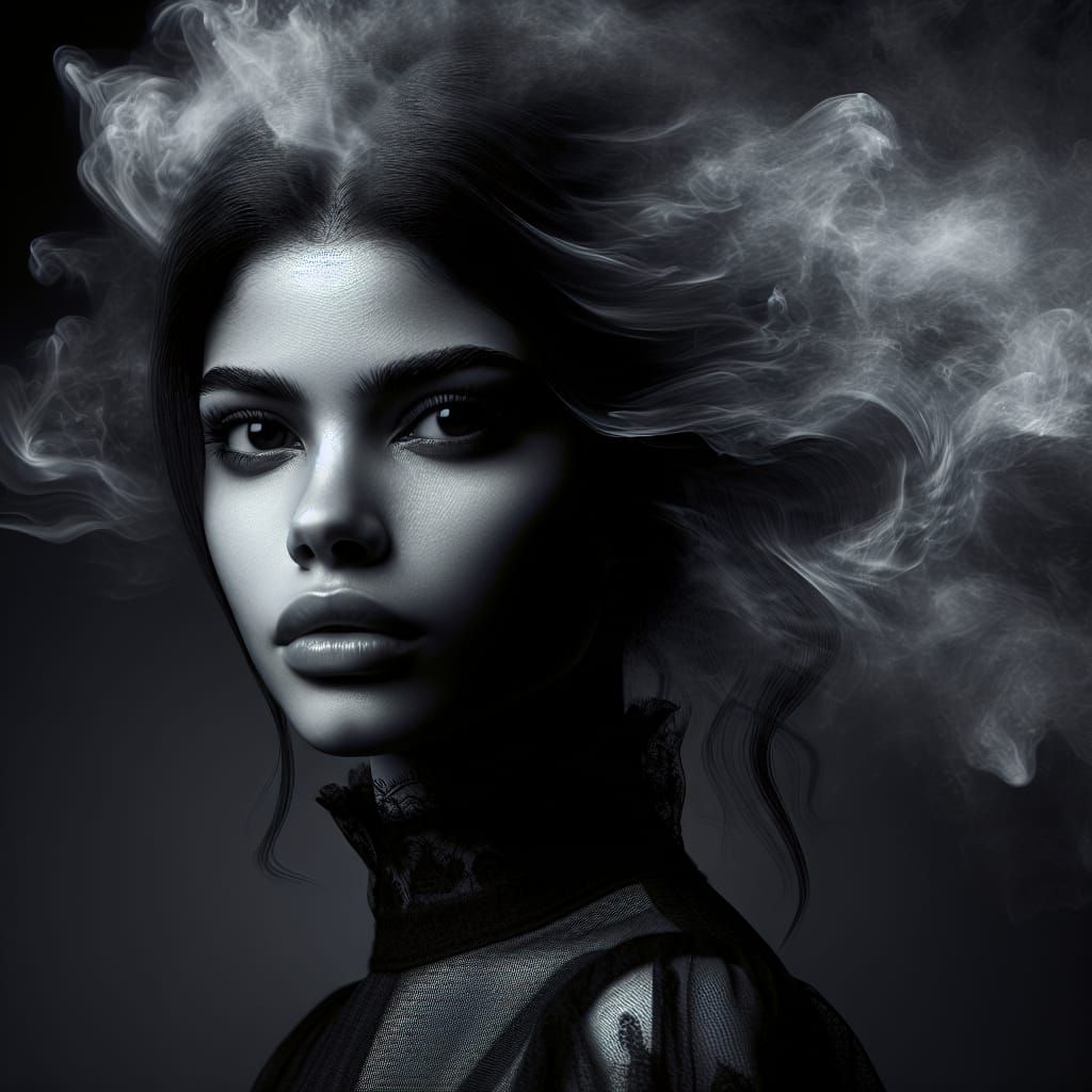 Ethereal Portrait: Woman with Smoke Hair in 3D