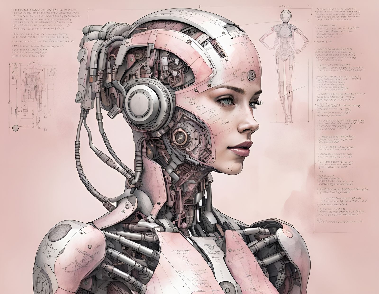 Detailed Schematic of a Female Cyborg in Watercolor